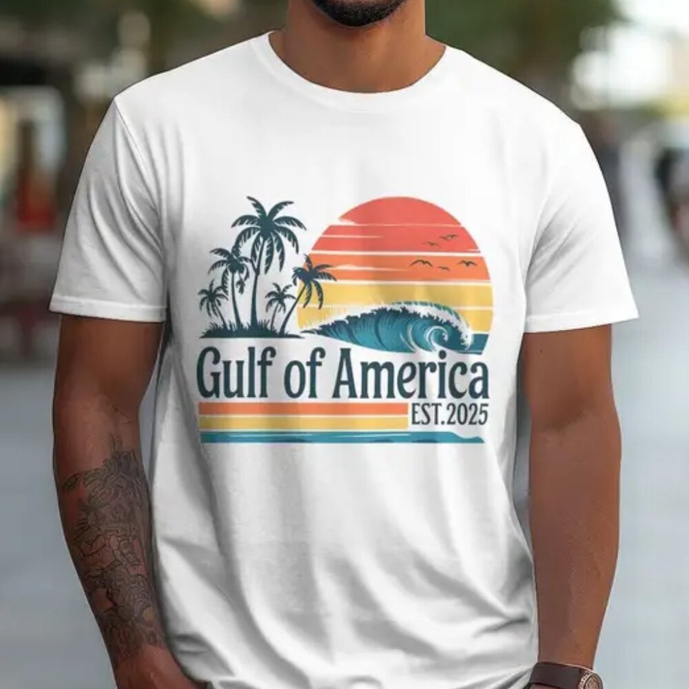 "Gulf of America Est. 2025" Tee Shirt for Men Graphic Design w/Palm Trees, Ocean